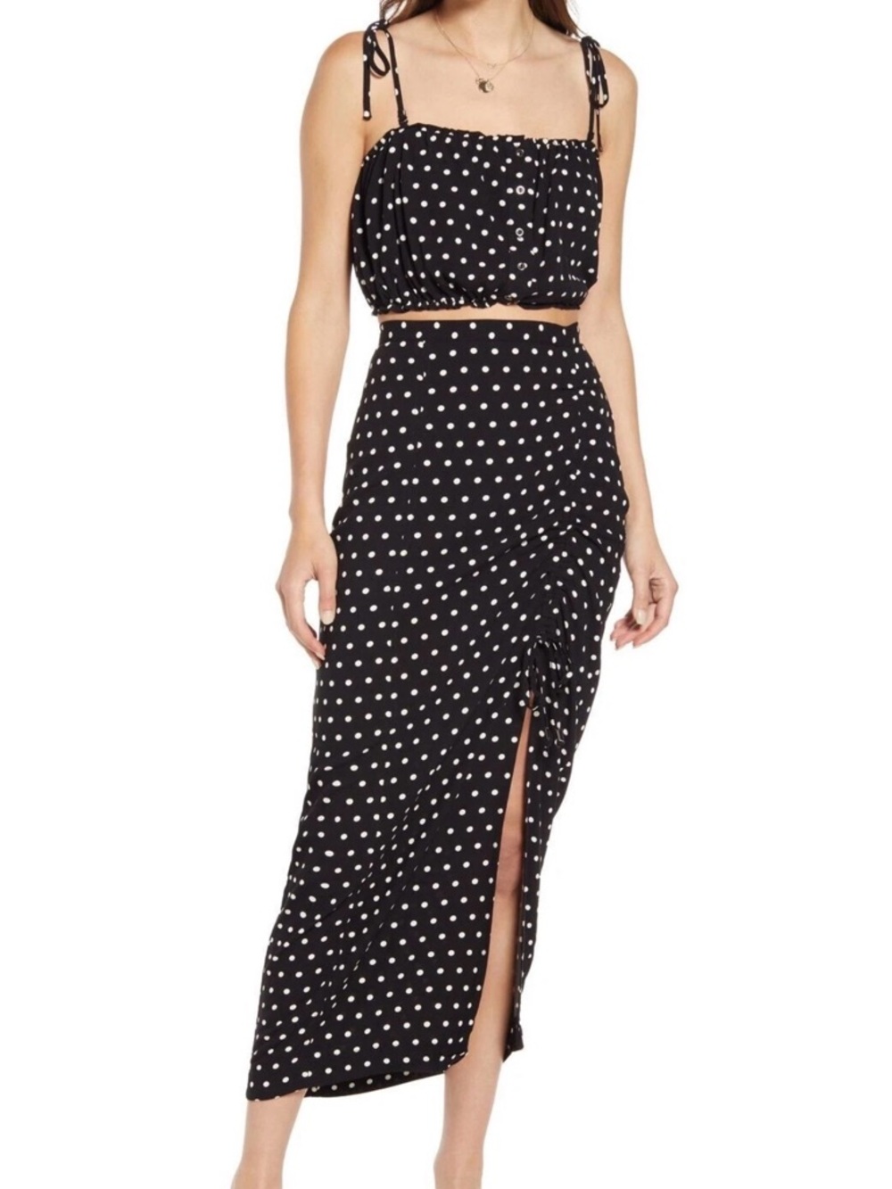 Free People Black and White Polka Dot Maxi Skirt and Cropped Top Set
